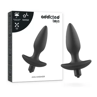 Emballage et produit Addicted Toys : plug anal noir en silicone avec perle saillante et base élargie, alimenté par pile