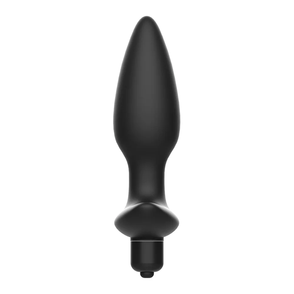 Emballage et produit Addicted Toys : plug anal noir en silicone avec perle saillante et base élargie, alimenté par pile