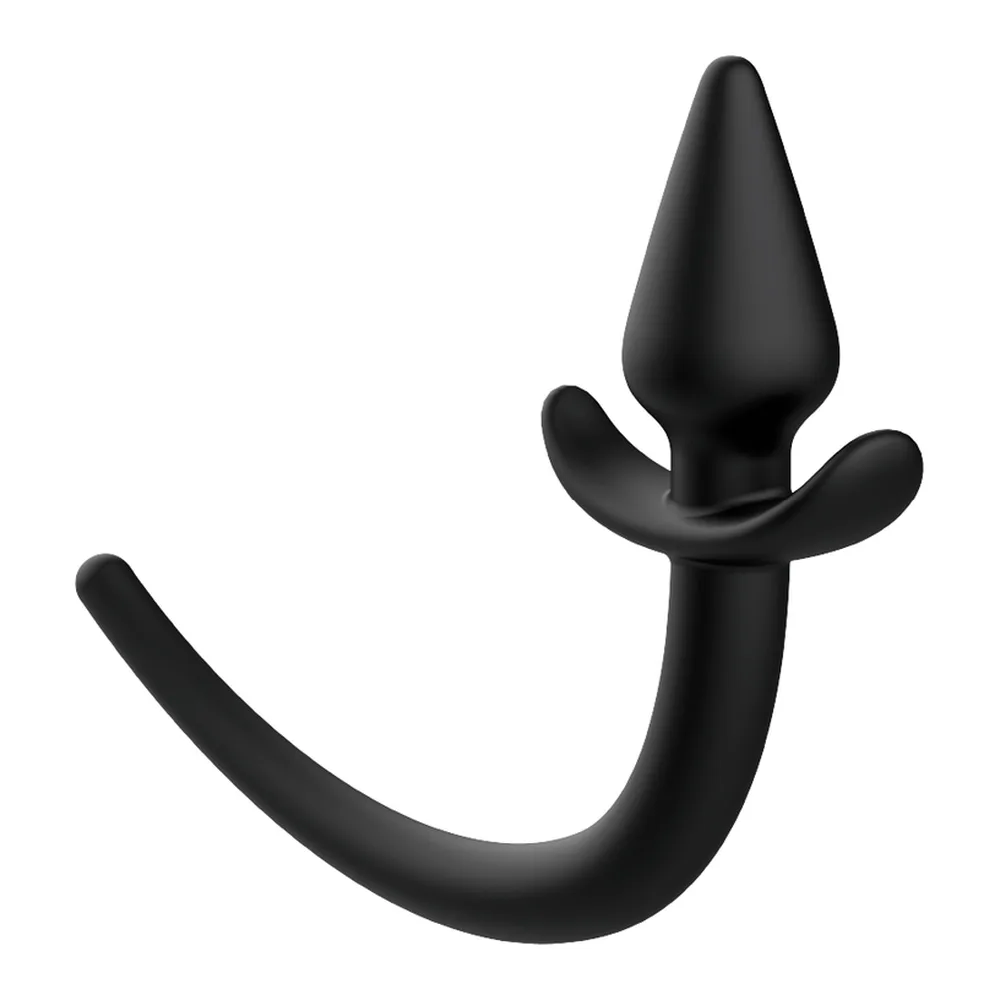 Plug anal noir en silicone avec pointe conique et queue souple recourbée, sur fond blanc