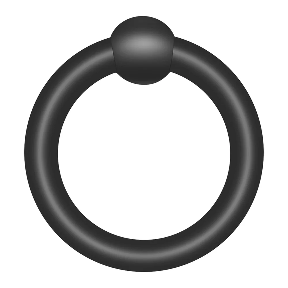 Boîte et contenu d'un ensemble de seven cockrings noirs en silicone : trois cordons flexibles avec perles d'arrêt et quatre anneaux rigides de différents diamètres