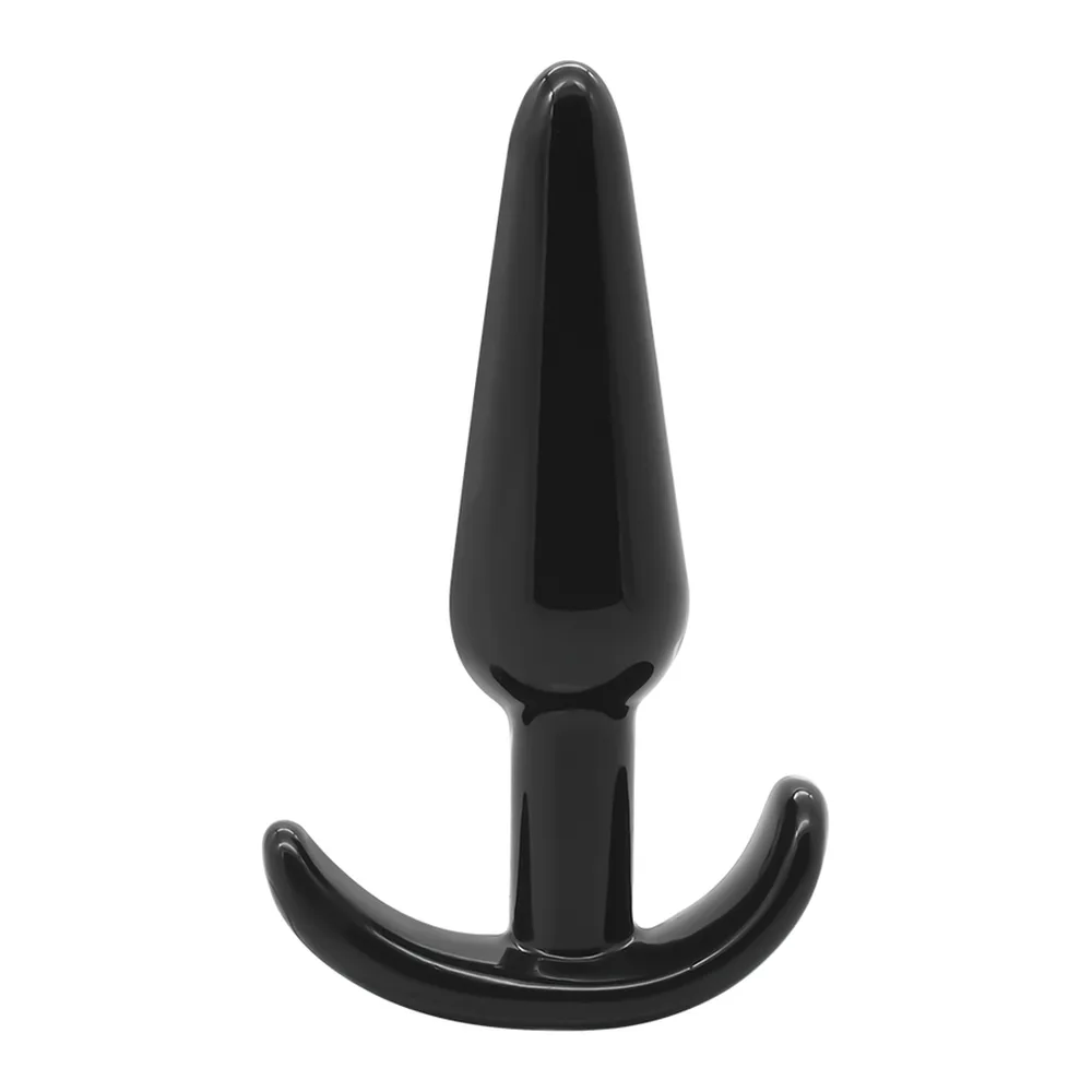 Quatre plugs anals noirs brillants de tailles progressives, du plus volumineux au plus petit, chacun doté d'une base large et stable