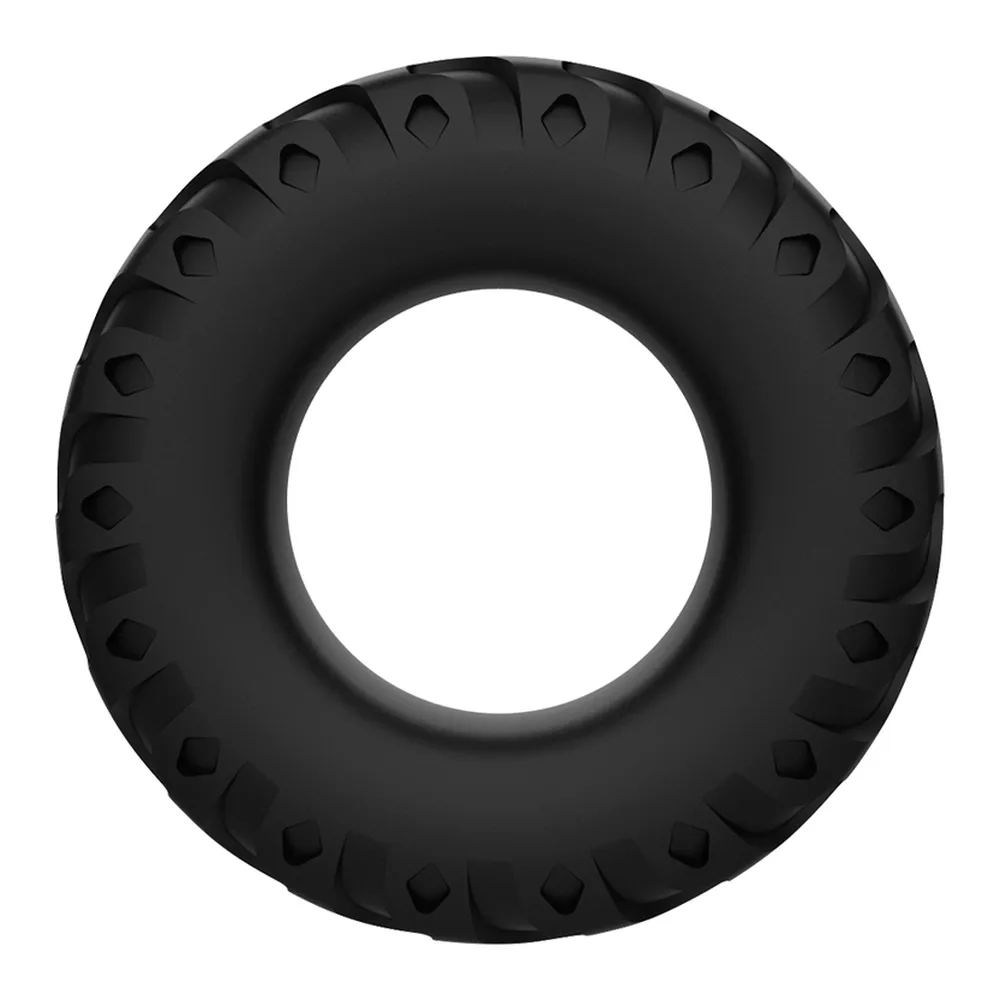 Anneau pénien en silicone noir avec trois ouvertures ovales et poignée de préhension sur fond blanc