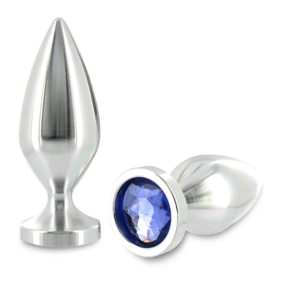 Plug anal en aluminium poli avec base circulaire, présenté en deux vues : de profil avec sa forme allongée, et de face montrant le cristal bleu facetté serti dans un anneau blanc