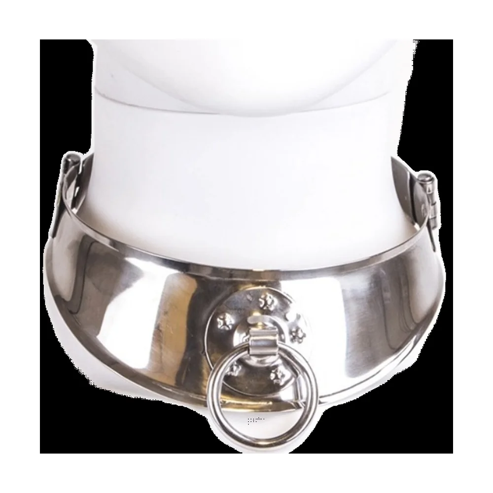 Collier de soumission en acier inoxydable poli avec anneau de retenue central, fermé par cadenas à clés, vue de face sur fond blanc