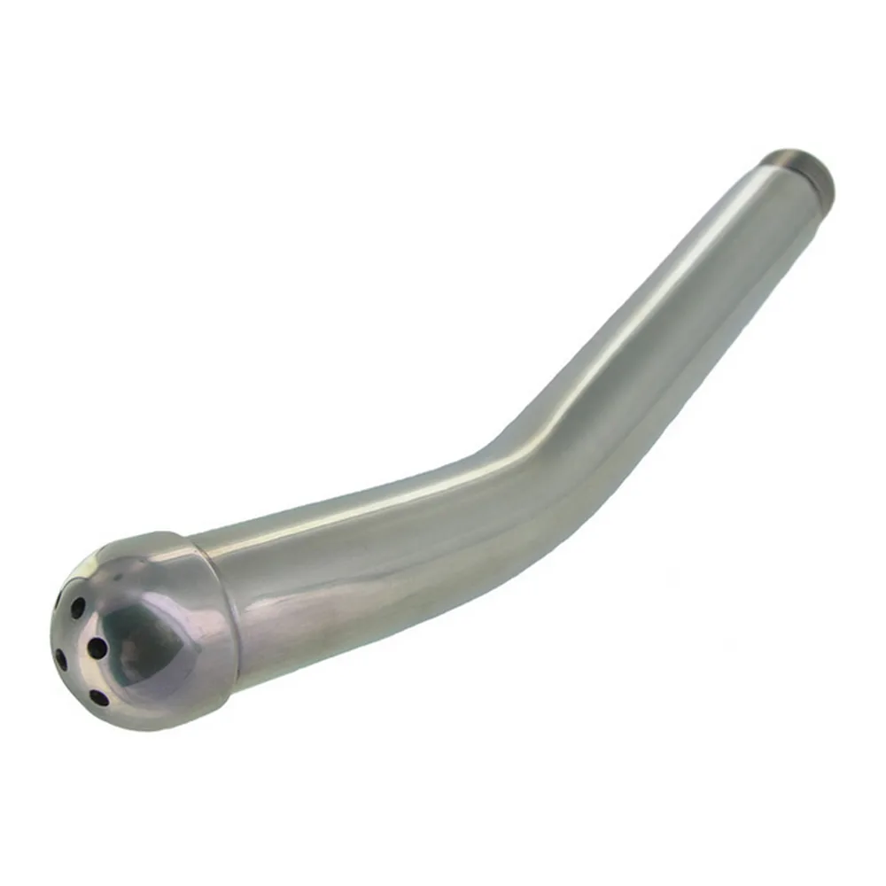 Douche intime en acier poli avec embout courbé et perforé, corps tubulaire incurvé vers le haut, filetage de fixation visible à la base