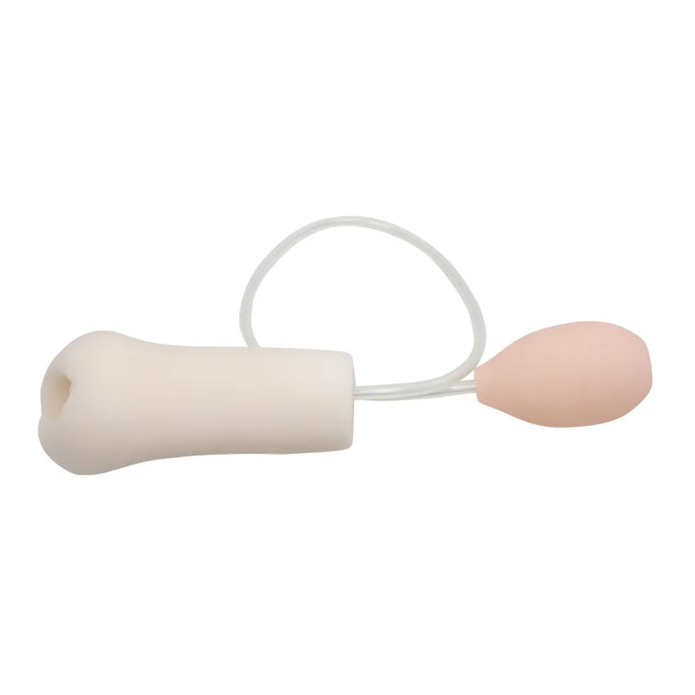 Masturbateur blanc crème en silicone, forme ergonomique allongée avec ouverture latérale visible, surface lisse sur fond blanc