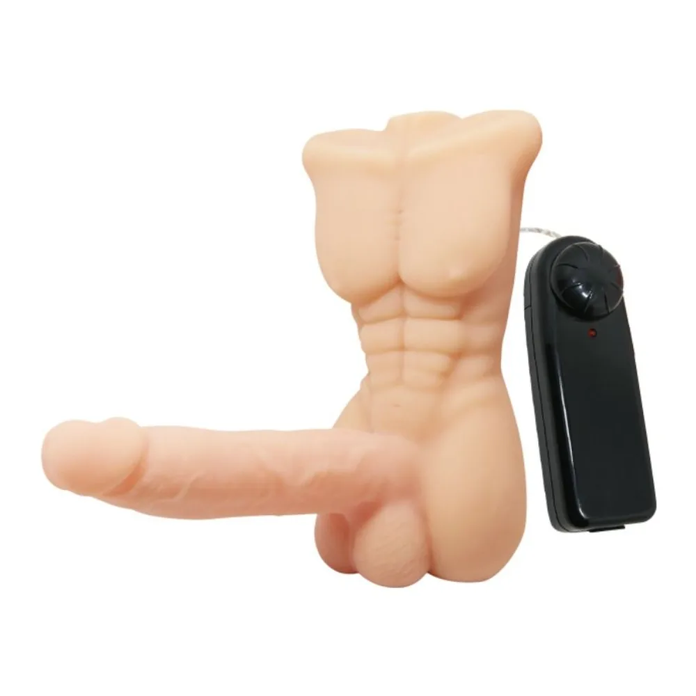 Demi-torse masculin en silicone chair avec pénis courbe, accompagné d'une télécommande noire filaire, sur fond blanc