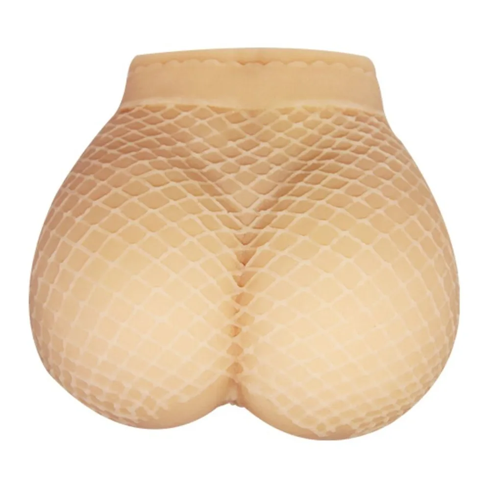 Masturbateur en silicone chair avec texture maille en relief, deux ouvertures visibles, forme compacte sur fond blanc