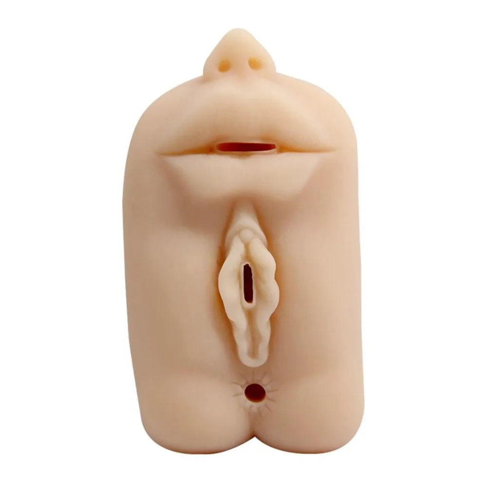 Masturbateur beige en silicone avec trois entrées distinctes et reliefs internes, montrant des tunnel structurés sur fond blanc