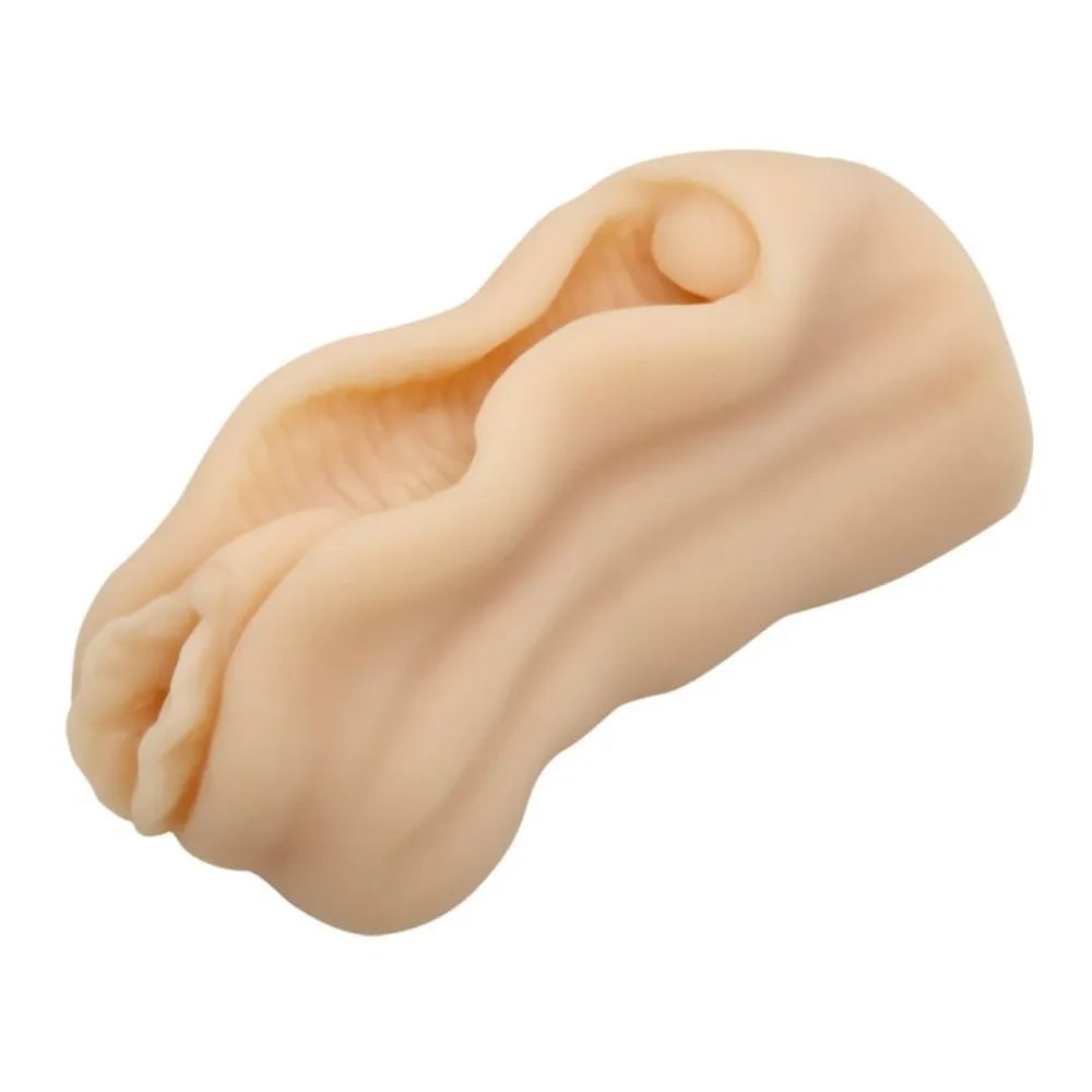 Masturbateur mâle en silicone couleur chair avec ouverture en forme de vagin aux détails anatomiques marqués, sur fond blanc