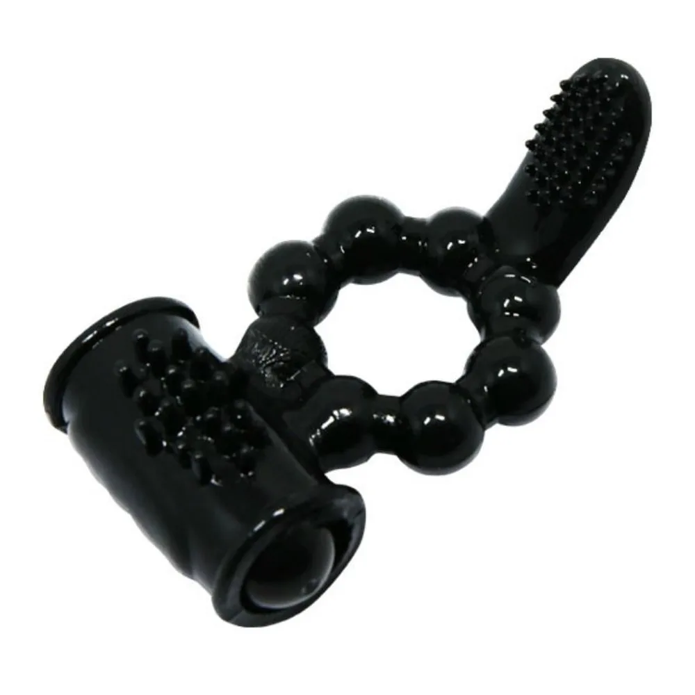 Anneau vibrant en silicone rose transparent avec perles texturées disposées en cercle, tête de stimulation pointue, boîtier de contrôle noir avec capuchon, fond blanc