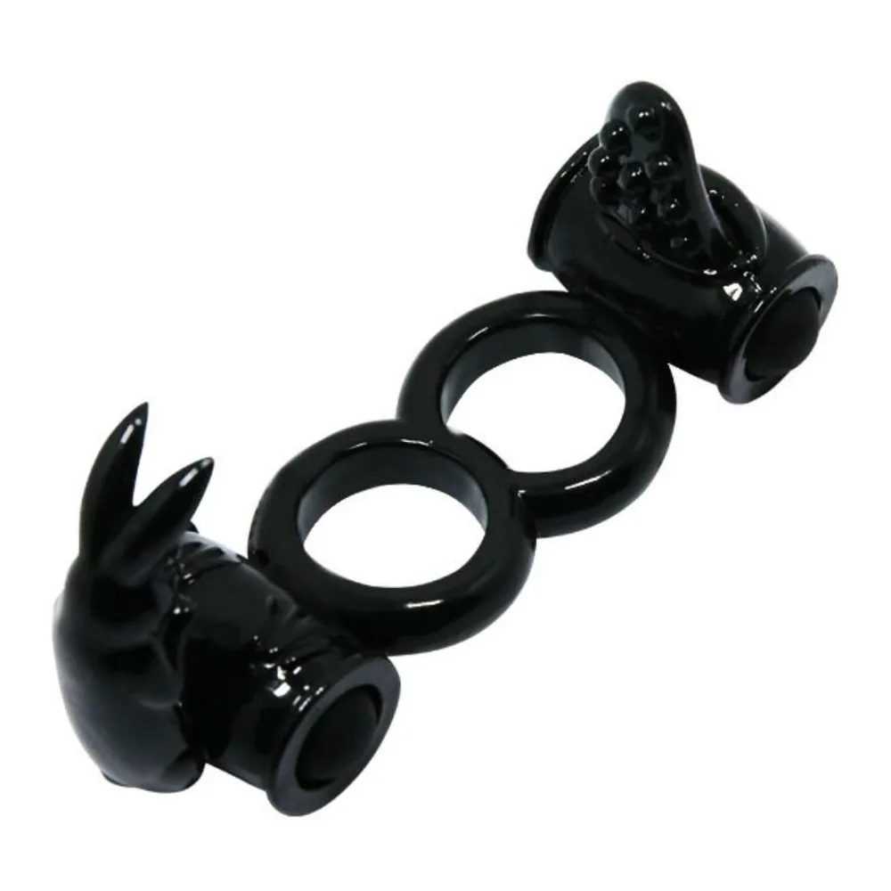 Cockring double en silicone noir avec deux anneaux connectés reliés à deux stimulateurs en forme de lapin, équipés de moteurs vibrants