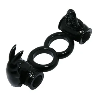 Cockring double en silicone noir avec deux anneaux connectés reliés à deux stimulateurs en forme de lapin, équipés de moteurs vibrants