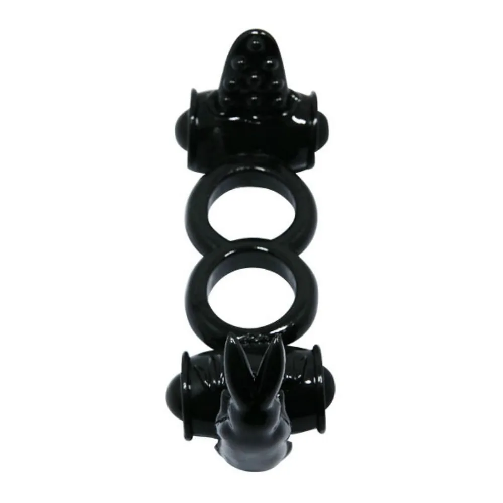 Cockring double en silicone noir avec deux anneaux connectés reliés à deux stimulateurs en forme de lapin, équipés de moteurs vibrants