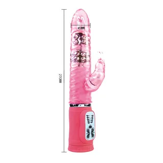 Vibromasseur rabbit rose avec tige texturée et stimulateur clitoridien, télécommande filaire, dimensions 27 cm de hauteur et 45 mm de diamètre indiquées