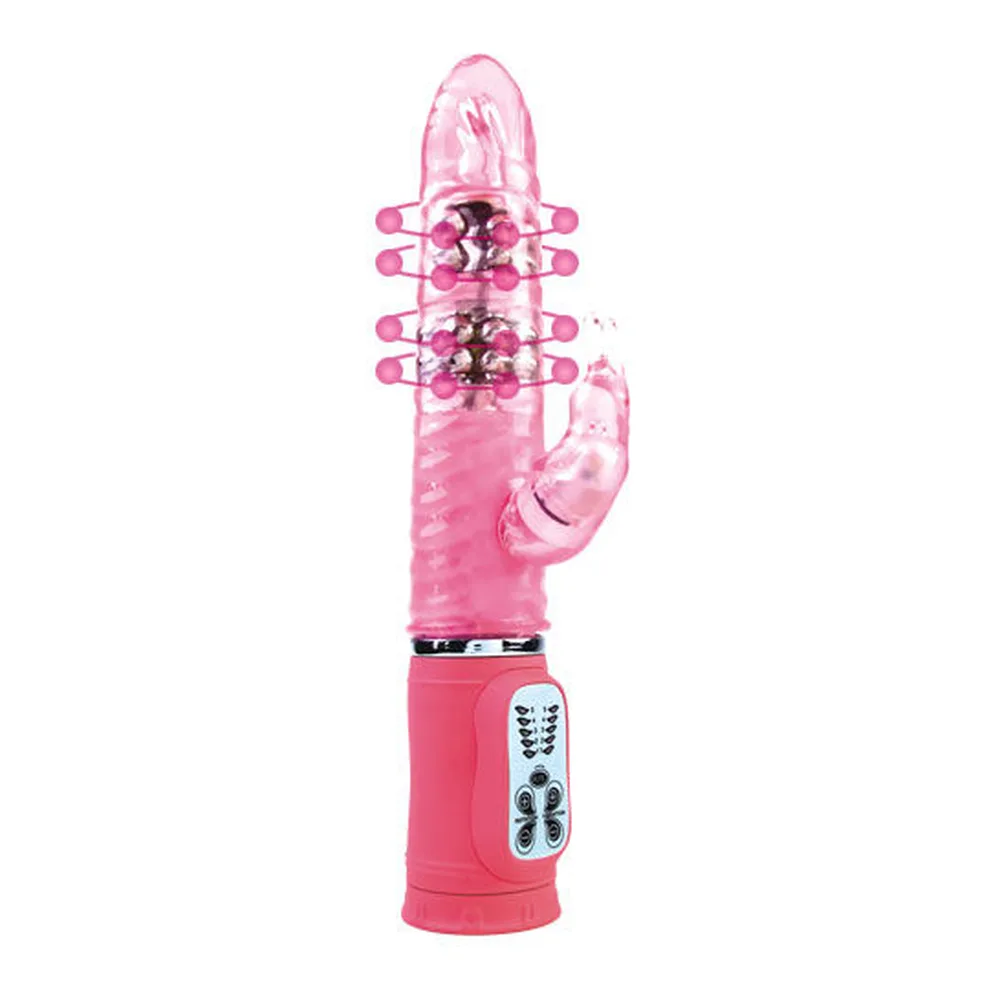Vibromasseur rabbit rose avec tige texturée et stimulateur clitoridien, télécommande filaire, dimensions 27 cm de hauteur et 45 mm de diamètre indiquées
