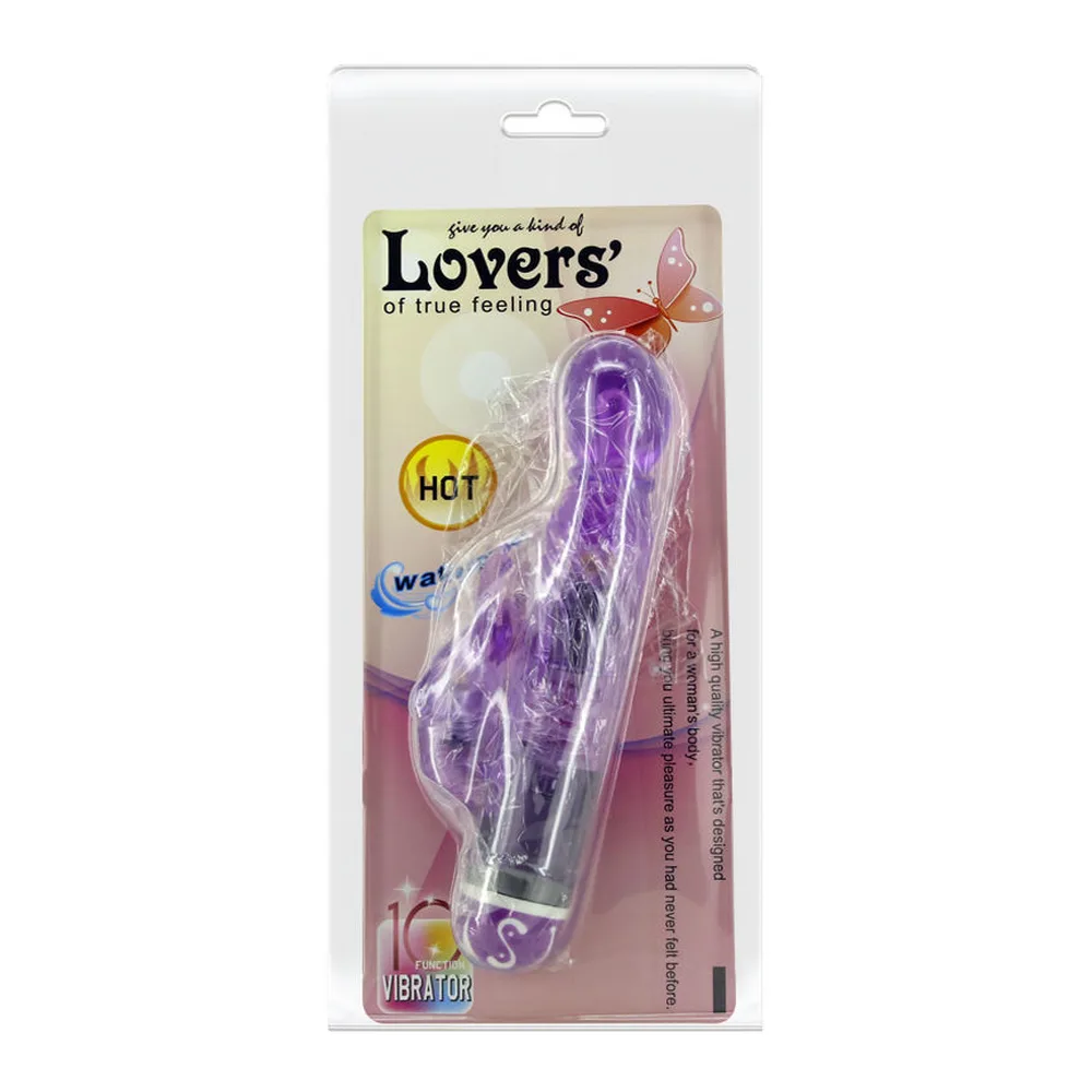Vibromasseur en silicone violet avec tige texturée en spirale, gland arrondi et stimulateur lapin latéral détaillé, socle noir, sur fond blanc