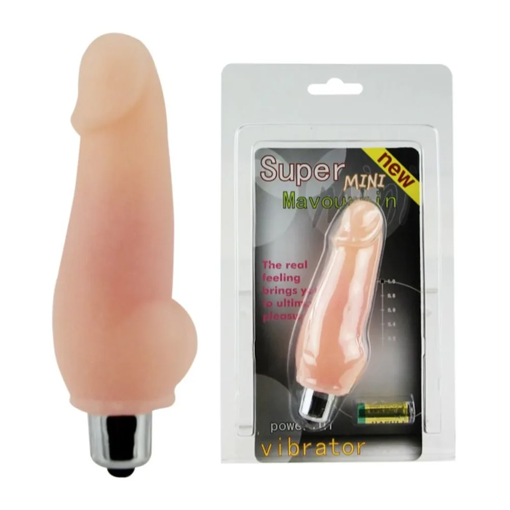 Vibrateur Super Mini Mavouvin en silicone beige clair avec base chromée, présenté hors de son emballage plastique transparent affichant le nom du produit et les caractéristiques techniques