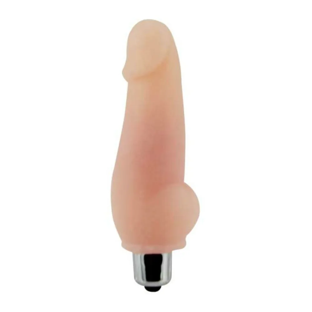 Vibrateur Super Mini Mavouvin en silicone beige clair avec base chromée, présenté hors de son emballage plastique transparent affichant le nom du produit et les caractéristiques techniques