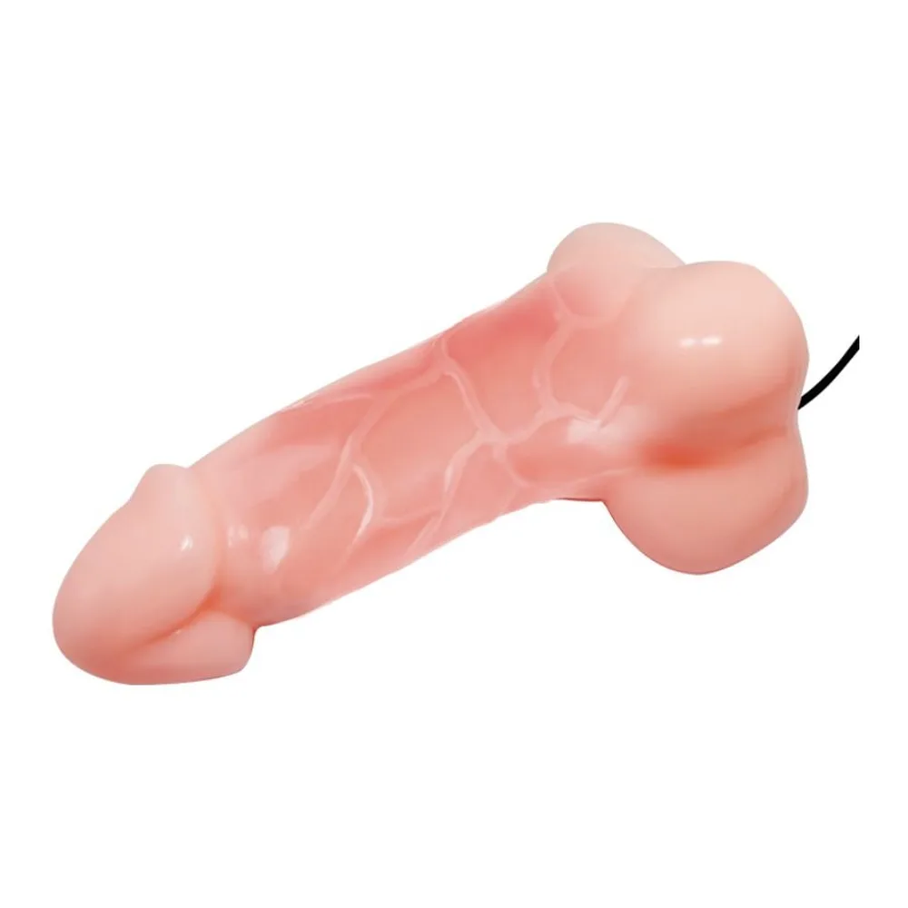 Vibromasseur réaliste en silicone rose clair avec base ventouse, câble d'alimentation noir, texture anatomique détaillée