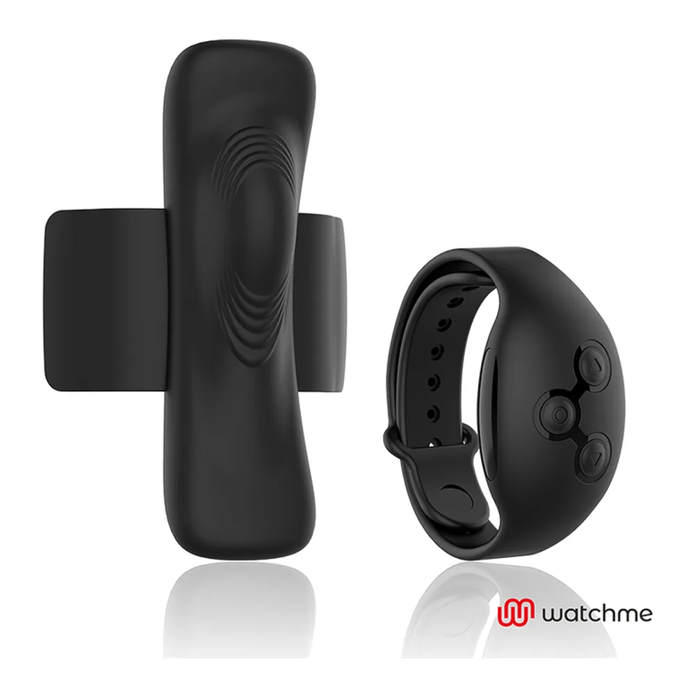 Stimulateur noir avec clip de fixation et télécommande bracelet assortie, motifs concentriques visibles sur la surface, sur fond blanc