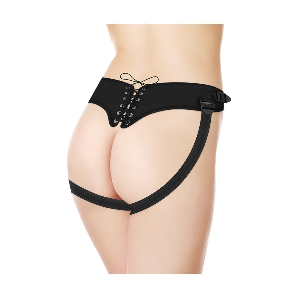 Harnais noir en silicone avec ceinture et bretelles, quatre anneaux métalliques perlés et laçage ajustable dans le dos sur fond blanc