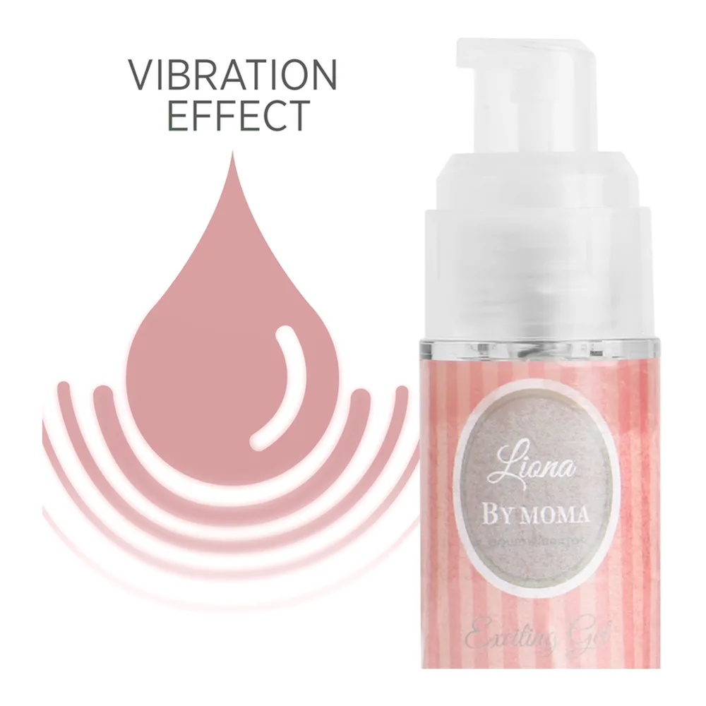 Flacon pompe blanc de 15 ml contenant un gel rose pâle, avec étiquette ovale « Liana by Moma » et illustration schématique d'une goutte rose entourée d'ondes vibratoires