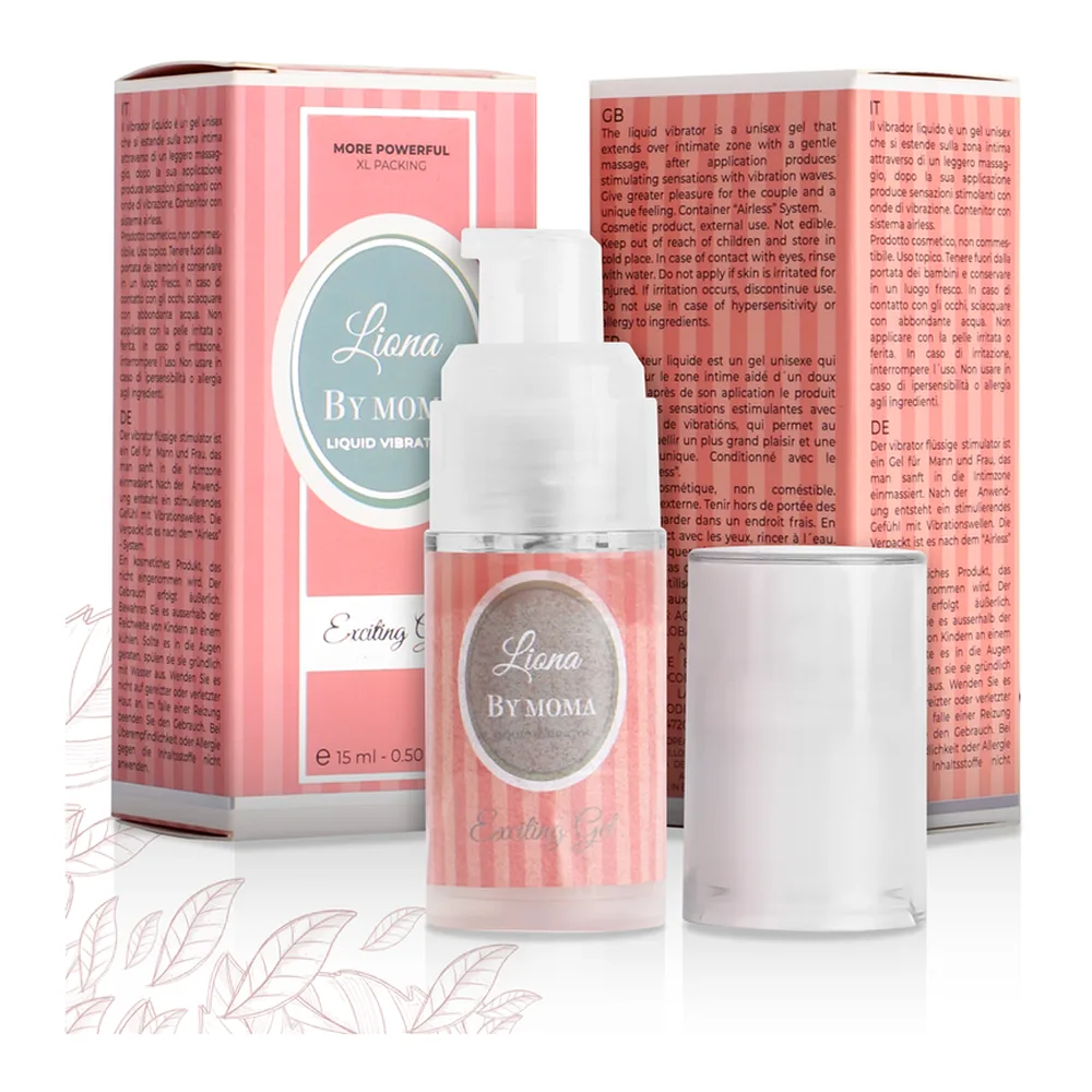 Flacon pompe blanc de 15 ml contenant un gel rose pâle, avec étiquette ovale « Liana by Moma » et illustration schématique d'une goutte rose entourée d'ondes vibratoires