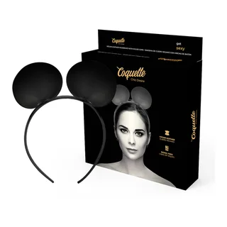 Serre-tête noir avec deux grandes oreilles rondes en cuir végétalien sur arceau fin, présenté avec son emballage noir et sa boîte de vente, photographié de face et en trois-quarts