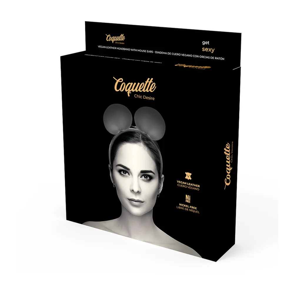 Serre-tête noir avec deux grandes oreilles rondes en cuir végétalien sur arceau fin, présenté avec son emballage noir et sa boîte de vente, photographié de face et en trois-quarts