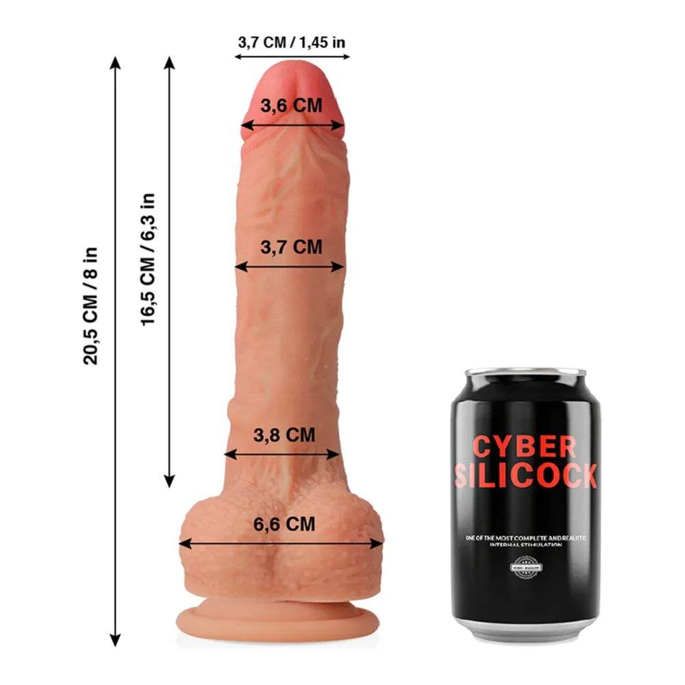 Schéma de dimensions du gode réaliste Connor en silicone beige clair, hauteur 20,5 cm, montrant le diamètre du gland, du fût et de la base, à côté d'une canette de boisson pour comparaison d'échelle