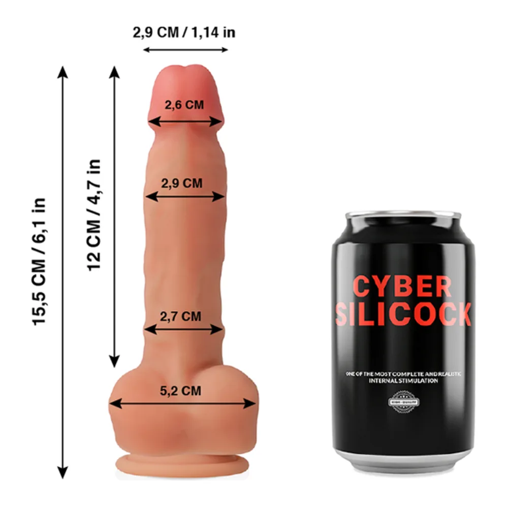 Schéma de dimensions d'un gode en silicone chair avec base ventouse, à côté de son emballage noir de marque Cyber Silicock