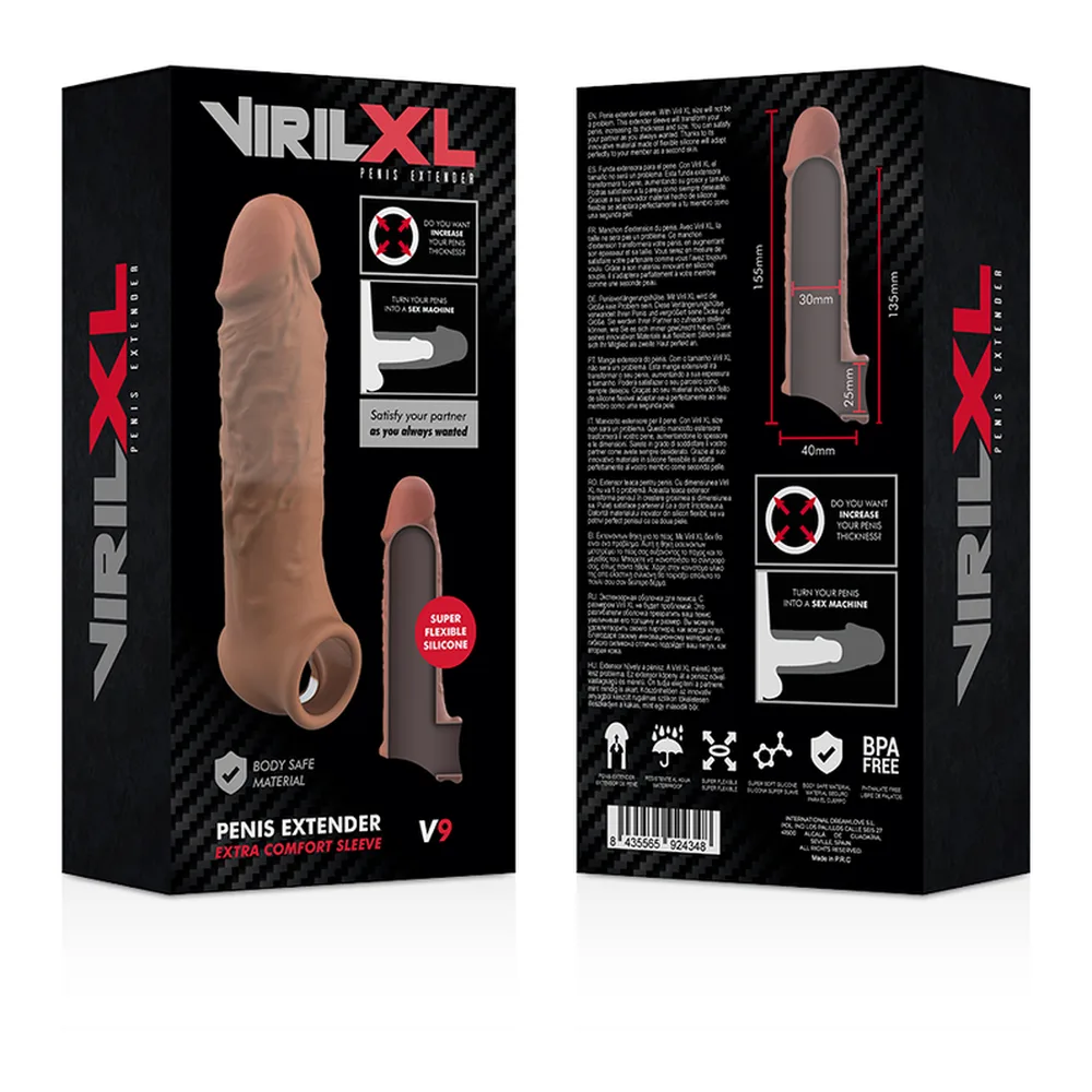 Extension de pénis en silicone bicolore rose et noir, forme allongée avec extrémité arrondie et base évasée, sur fond blanc