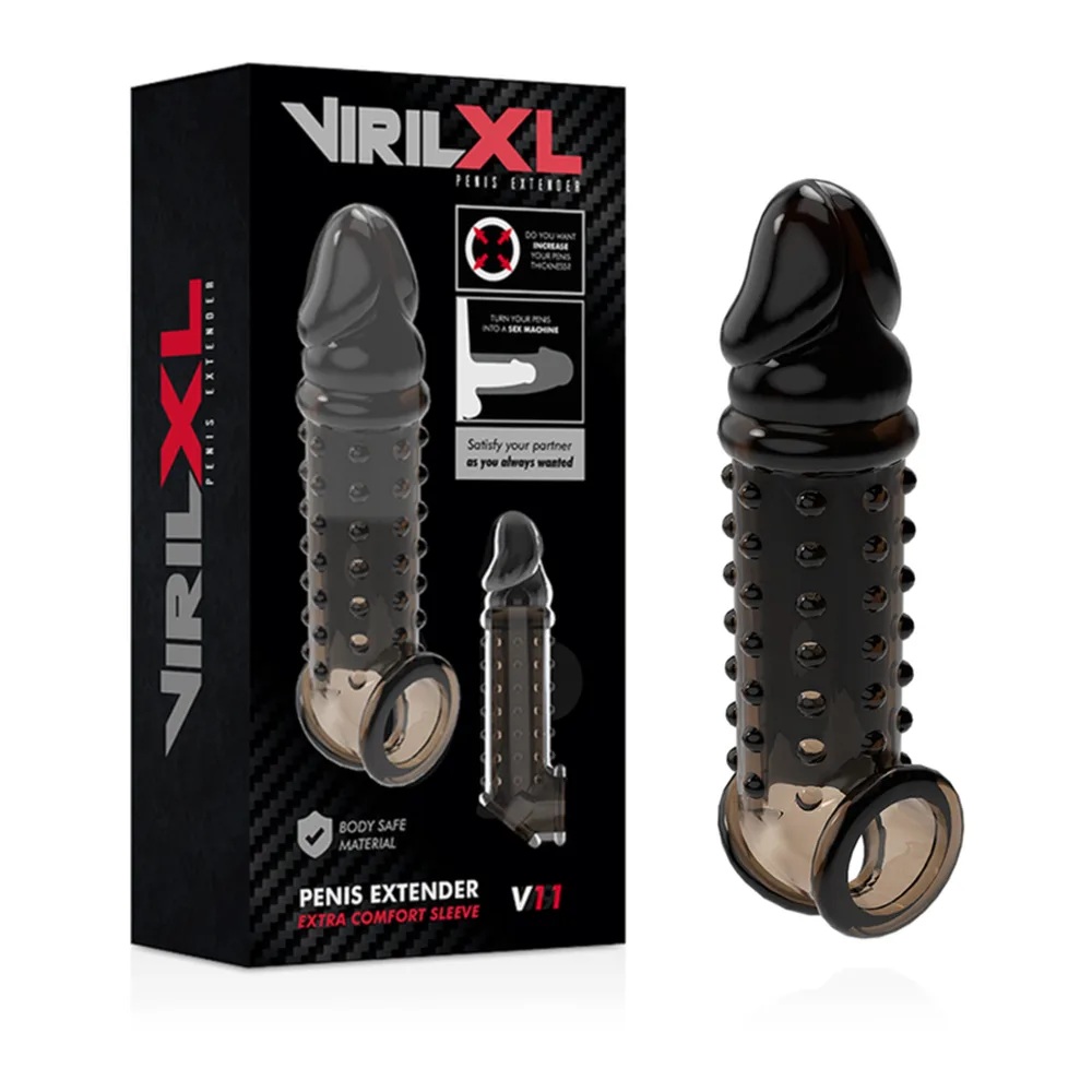 Emballage noir et gaine pénis noire cloutée avec anneau de base transparent, texture pointillée sur toute la surface