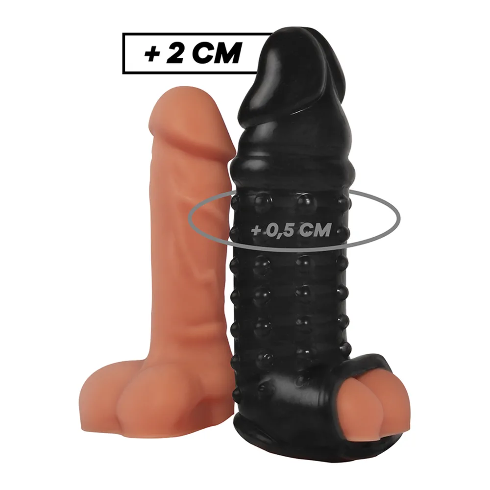 Emballage noir et gaine pénis noire cloutée avec anneau de base transparent, texture pointillée sur toute la surface
