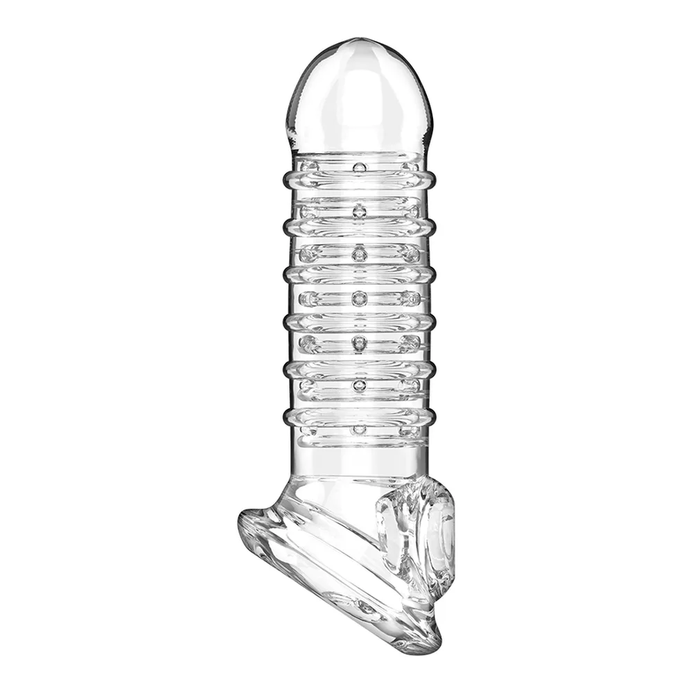 Gaine de pénis transparente en silicone avec nervures espacées régulièrement, base ronde évasée, pointe arrondie, sur fond blanc