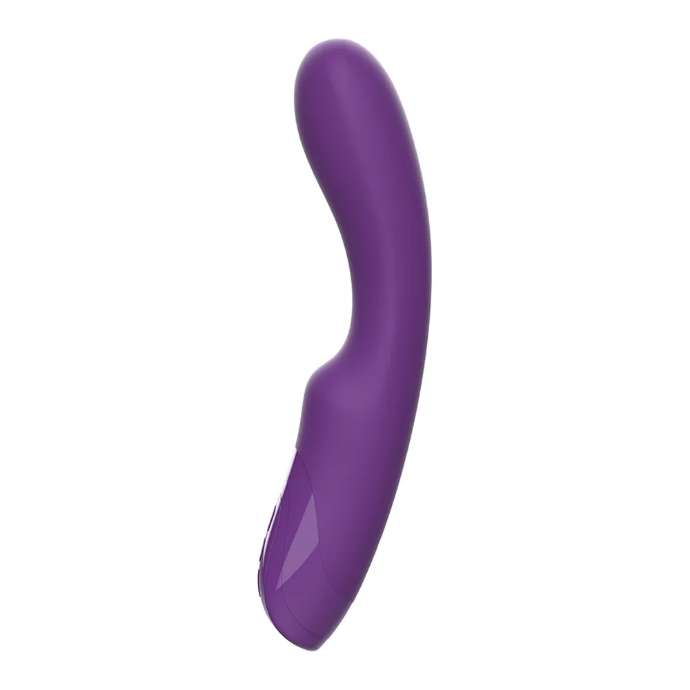 Vibromasseur courbé en silicone violet avec tige ondulée, boutons de contrôle à la base, sur fond blanc