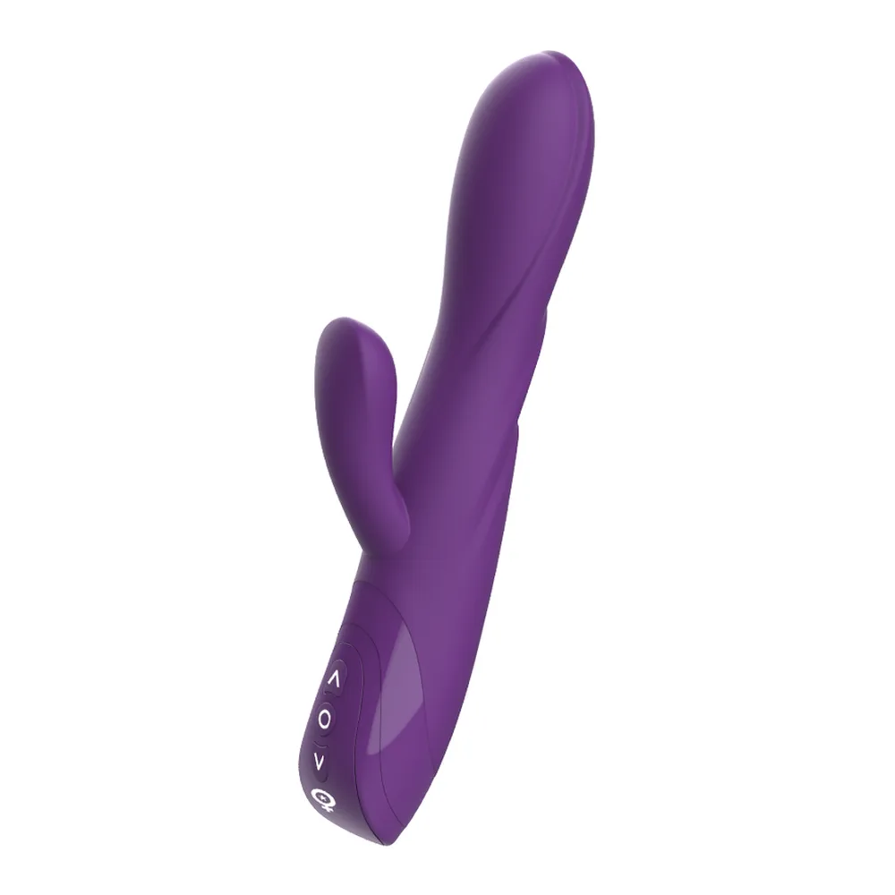 Vibromasseur lapin violet avec tige longue et stimulateur clitoridien, présenté à côté de son emballage blanc et violet indiquant la marque Reworabbit et la mention super flexible