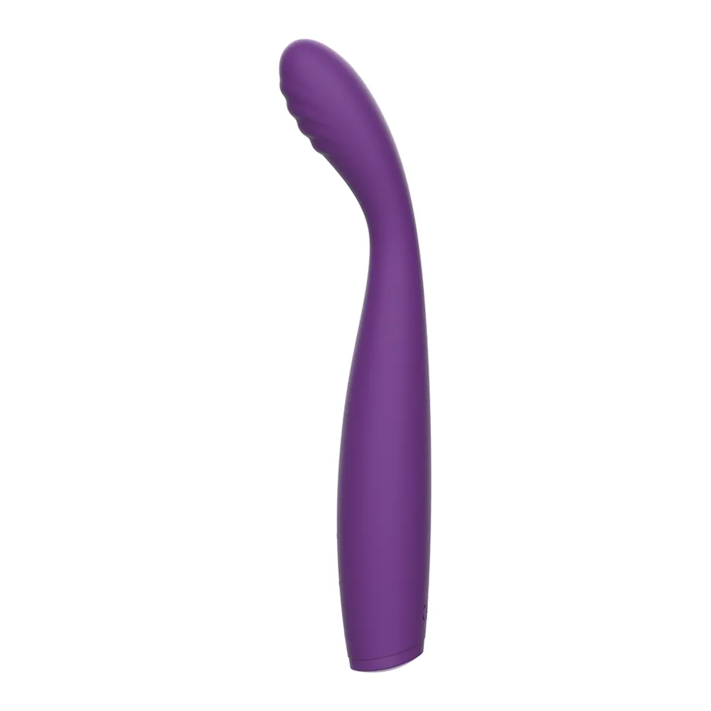 Vibromasseur violet en silicone avec tige flexible et extrémité arrondie, sur fond blanc