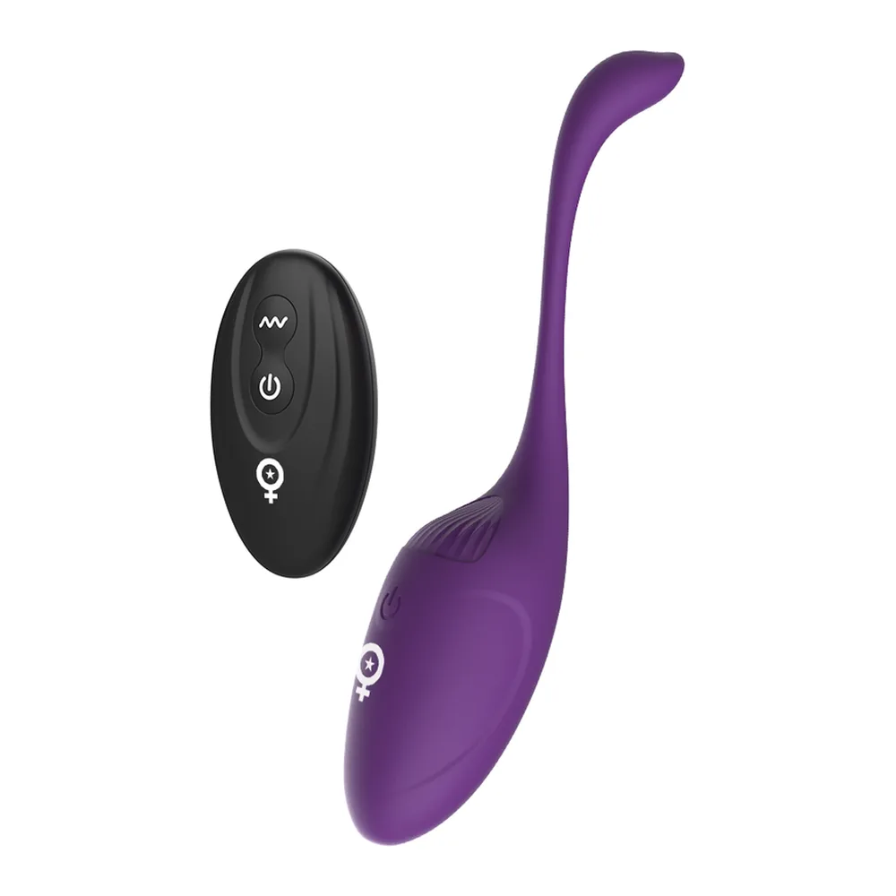 Vibrateur œuf en silicone violet avec col incurvé, accompagné d'une télécommande sans fil noire affichant boutons de contrôle et logo du fabricant