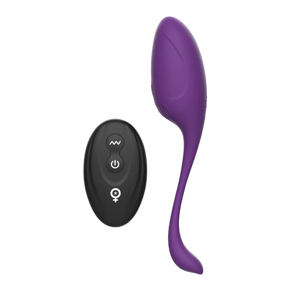 Vibrateur œuf en silicone violet avec col incurvé, accompagné d'une télécommande sans fil noire affichant boutons de contrôle et logo du fabricant