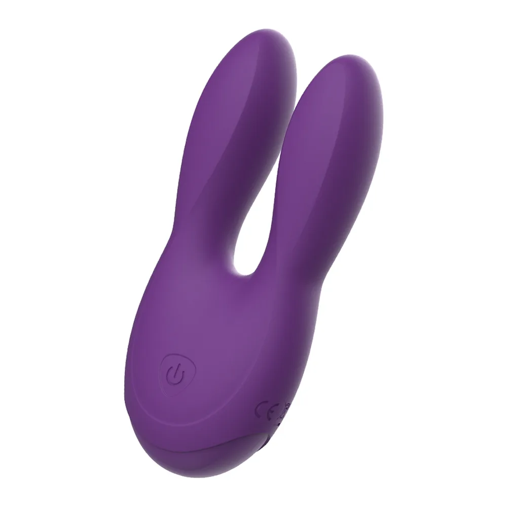 Stimulateur clitoridien violet en silicone avec deux bras flexibles et arrondis, bouton marche-arrêt visible sur le dessus, fond blanc