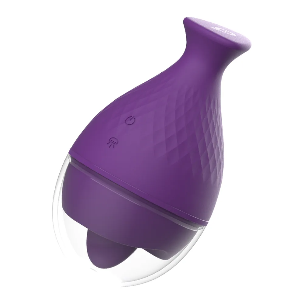 Vibromasseur violet en silicone avec poignée ergonomique, deux pointes souples et ventouse transparente, contrôles gravés sur le corps, fond blanc