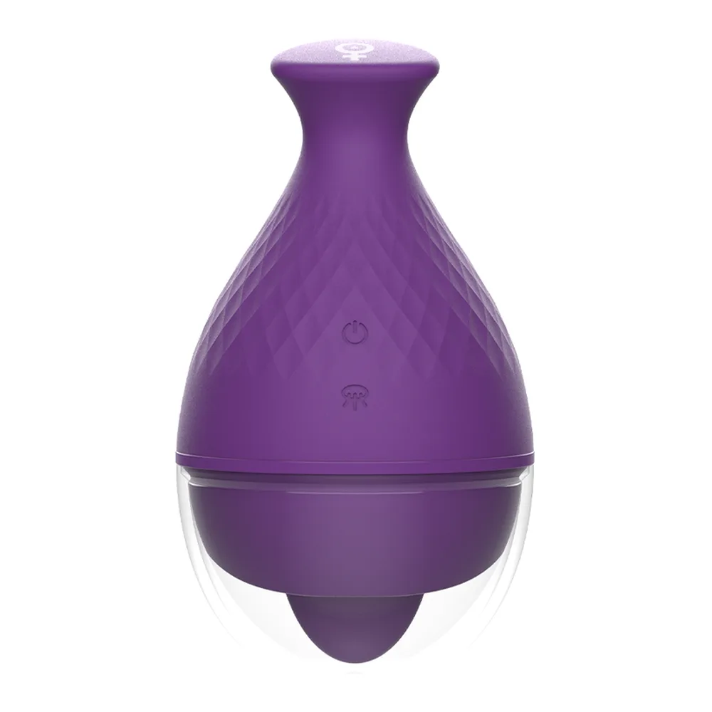 Vibromasseur violet en silicone avec poignée ergonomique, deux pointes souples et ventouse transparente, contrôles gravés sur le corps, fond blanc