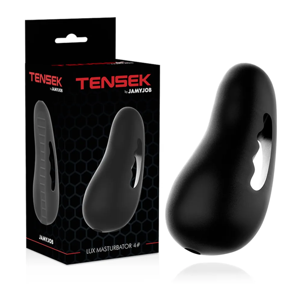 Emballage noir du masturbateur Tensek avec le produit à côté, manchon noir souple avec ouverture blanche et poignée ergonomique moulée
