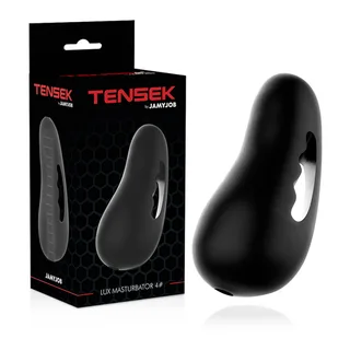 Emballage noir du masturbateur Tensek avec le produit à côté, manchon noir souple avec ouverture blanche et poignée ergonomique moulée