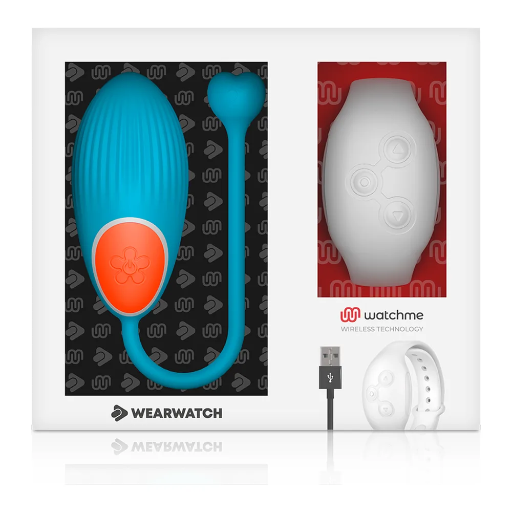 Œuf vibrant bleu turquoise avec fleur rouge sur le contrôle, tige flexible terminée par un cœur bleu, et montre de télécommande blanche rechargeable à porter au poignet
