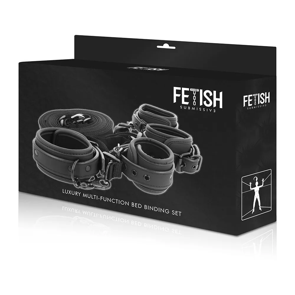 Emballage noir de la marque Fetish Submissive présentant un ensemble de menottes : quatre manchettes rembourrées grises et quatre sangles de retenue attachées, affichées sur fond noir