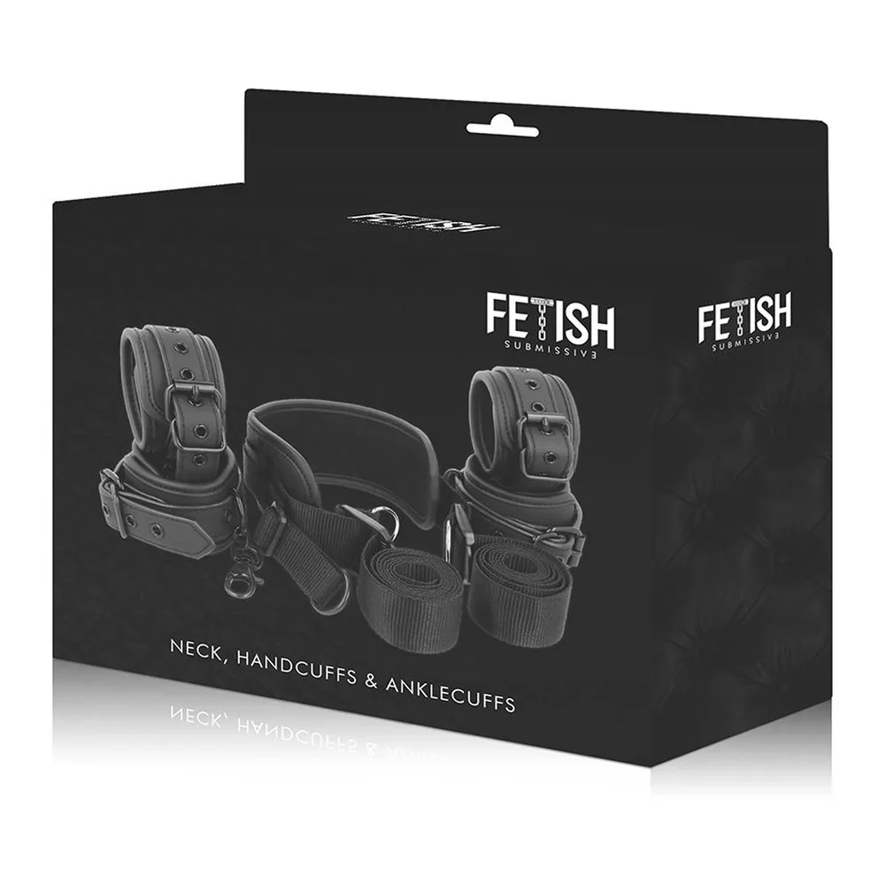 Coffret BDSM noir contenant un collier rembourré relié à quatre manchettes de poignets et chevilles en néoprène avec boucles métalliques, présenté avec son emballage illustré