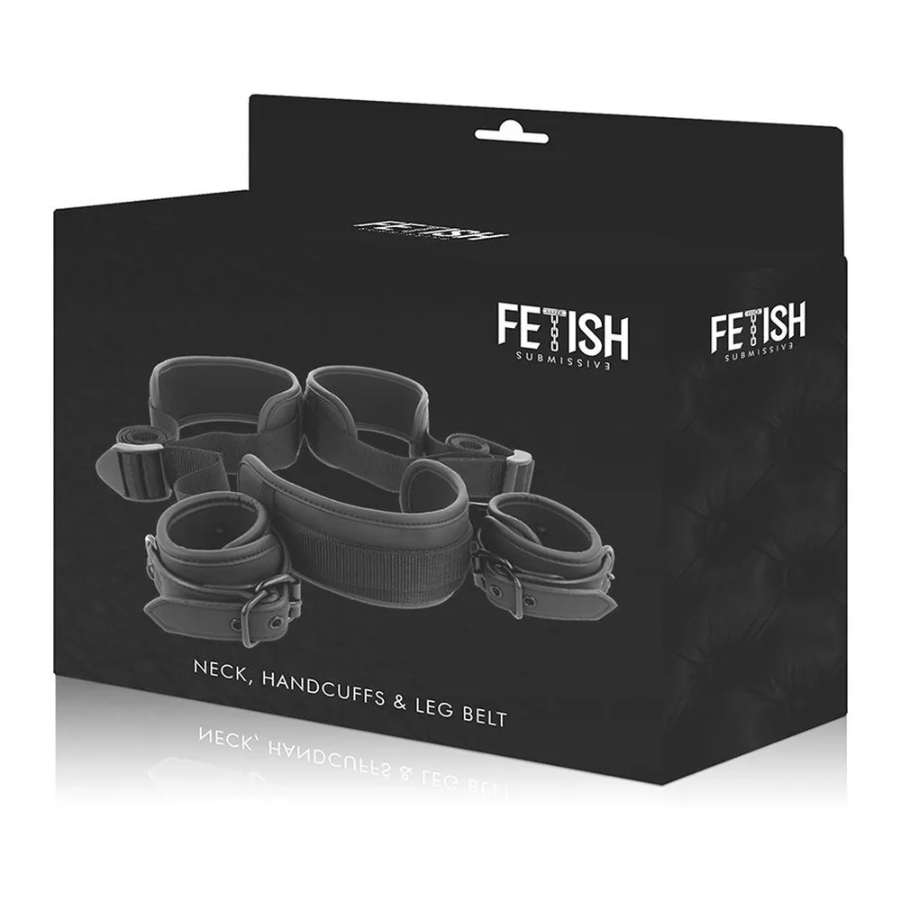 Coffret Fetish Bondage noir composé d'une ceinture large, de deux menottes poignets, de deux larges sangles de cuisses avec boucles de maintien et de deux menottes chevilles, emballage noir présenté à l'arrière